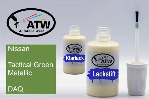 Nissan, Tactical Green Metallic, DAQ: 20ml Lackstift + 20ml Klarlack - Set, von ATW Autoteile West.